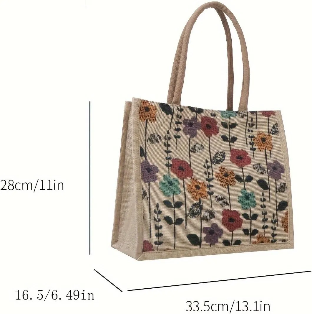 Tenna Teki Flower Pattern Canvas Tote Bag - Large Capacity Vintage Style Shoulder Bag