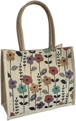 Tenna Teki Flower Pattern Canvas Tote Bag - Large Capacity Vintage Style Shoulder Bag