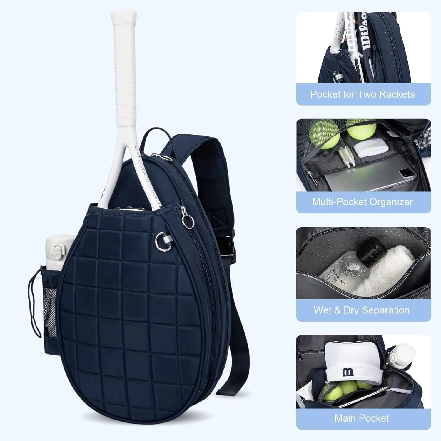 Tennis Bag, Quilted Tennis Backpack Holds 2 Rackets, Waterproof Crossbody Sling Pickleball Bags for Women, Men and Youth