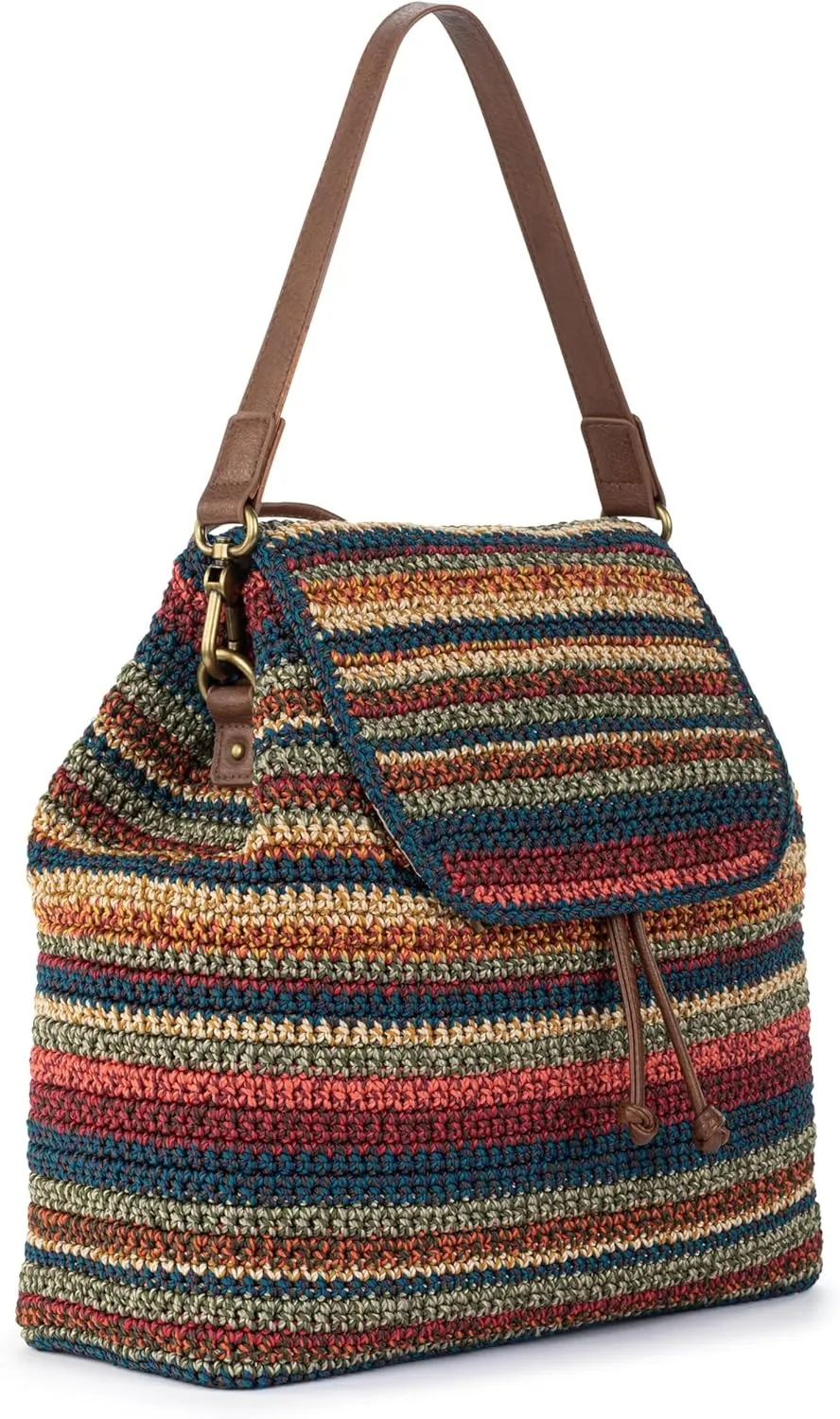 The Sak Sayulita Backpack - Hand Crochet Women's Backpack for Everyday & Travel - Daypack With Adjustable & Removable Straps - Woodland Stripe