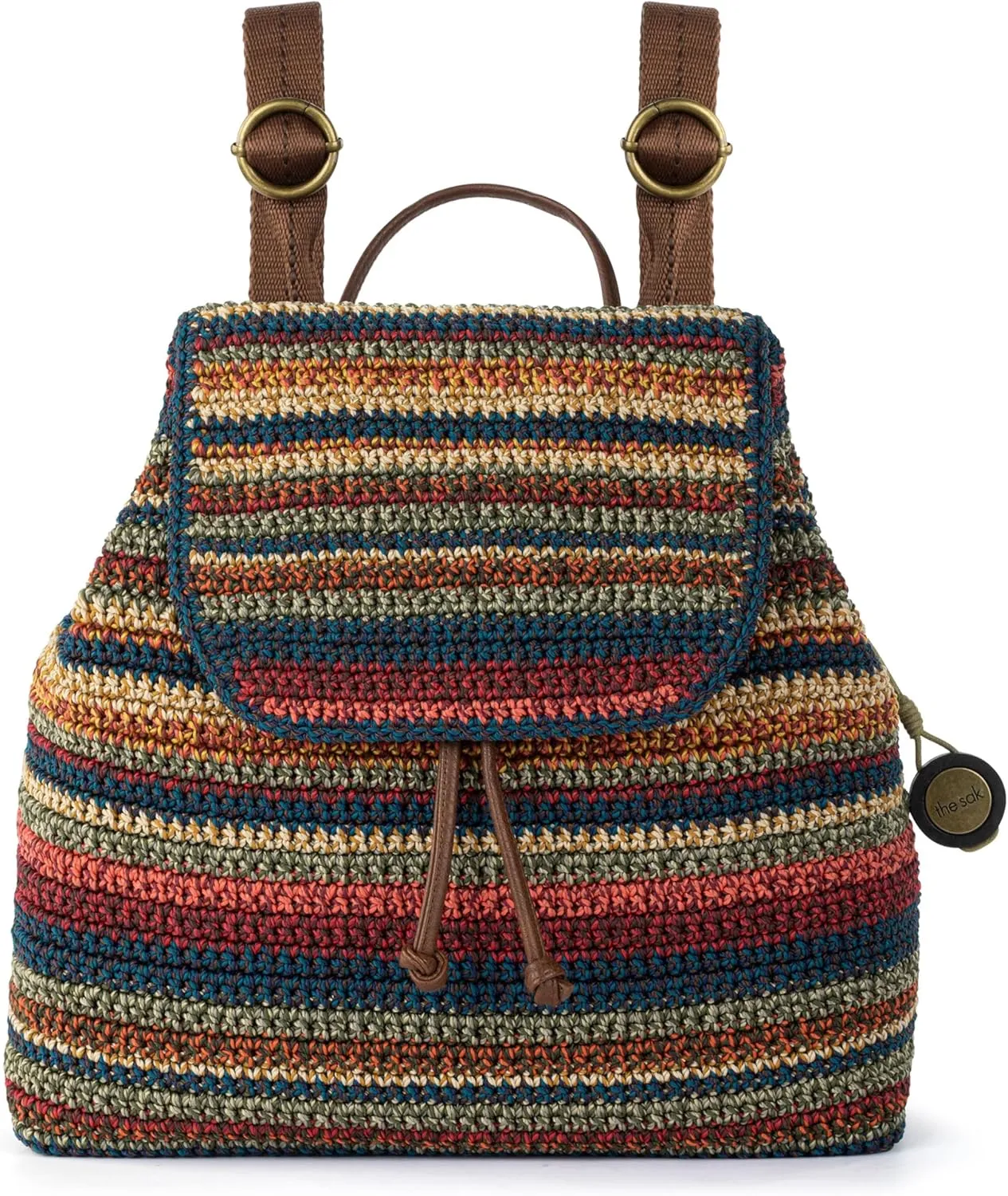 The Sak Sayulita Backpack - Hand Crochet Women's Backpack for Everyday & Travel - Daypack With Adjustable & Removable Straps - Woodland Stripe