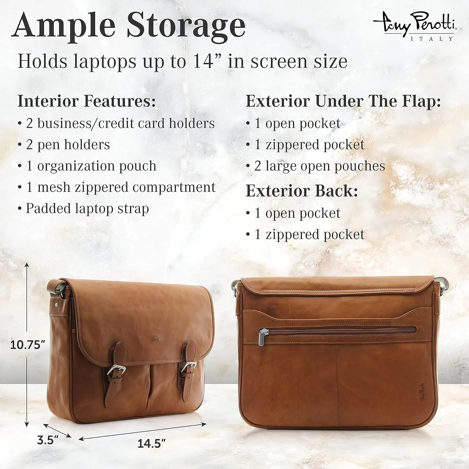 Tony Perotti Lorenzo 14.5" Italian Leather Laptop Bag for Men - Leather Computer Briefcase Saddleback Messenger Bag