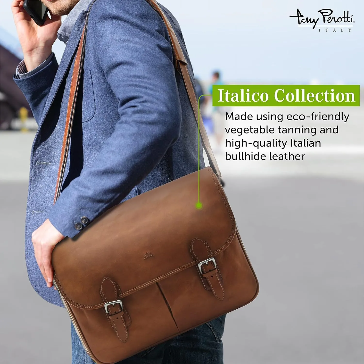 Tony Perotti Lorenzo 14.5" Italian Leather Laptop Bag for Men - Leather Computer Briefcase Saddleback Messenger Bag