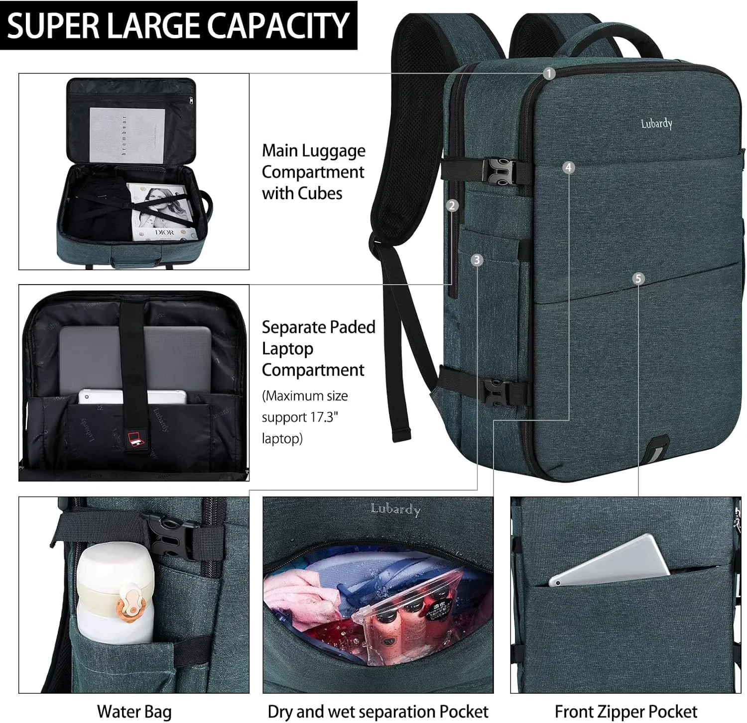 Travel Backpack for Men Women 17 Inch Flight Approved Carry on Backpack Waterproof Large 40L Luggage Daypack Business College Weekender Overnight Laptop Backpack with 3 Packing Cubes, Blue