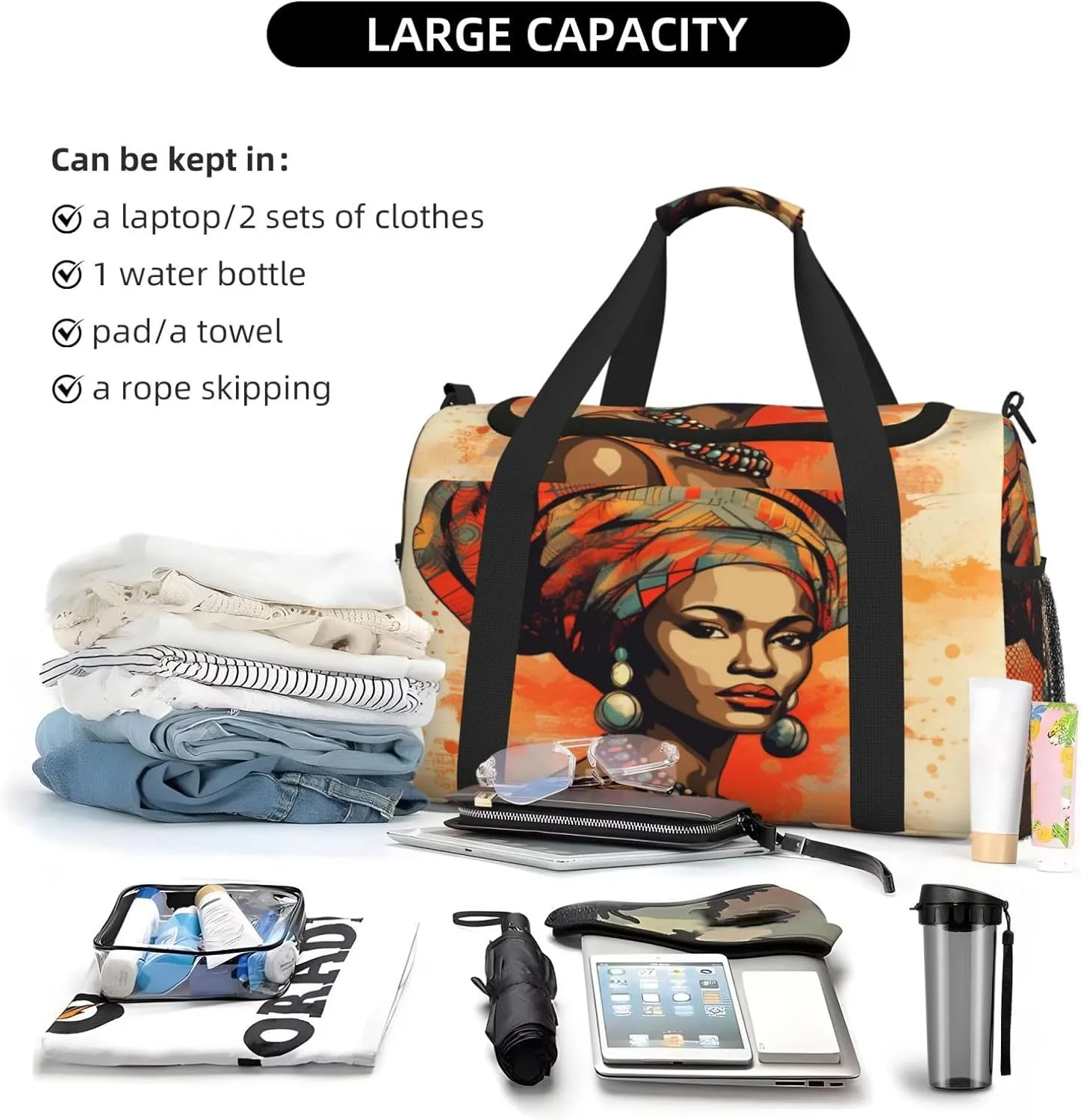 Travel Duffel Bag For Men Women, Ethnic Bohemian African Woman Art Painting Carry On Sport Gym Bag With Shoulder Strap Lightweight Waterproof Weekender Bag Overnight Bag