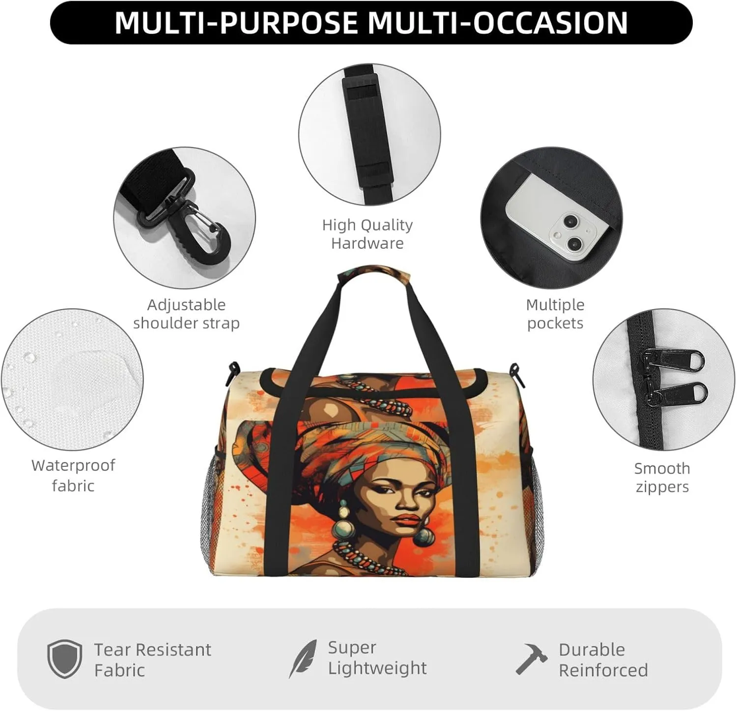 Travel Duffel Bag For Men Women, Ethnic Bohemian African Woman Art Painting Carry On Sport Gym Bag With Shoulder Strap Lightweight Waterproof Weekender Bag Overnight Bag