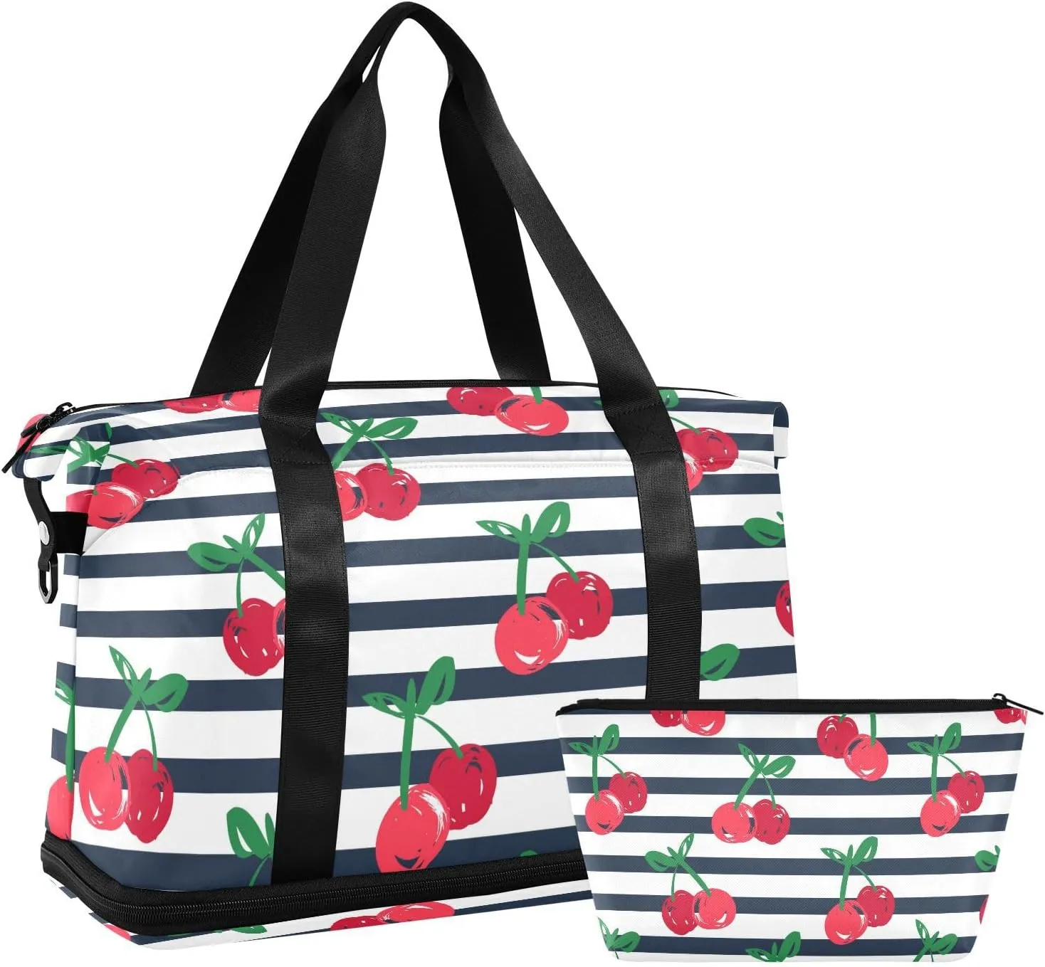 Travel Duffel Bag for Women Men Hand Drawn Cherries Strip Weekender Overnight Bags with Shoe Compartments Gym Duffel Bag with Toiletry Bag for Travel Sport Yoga 17 Inch