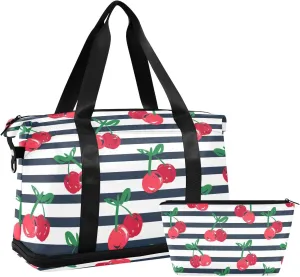 Travel Duffel Bag for Women Men Hand Drawn Cherries Strip Weekender Overnight Bags with Shoe Compartments Gym Duffel Bag with Toiletry Bag for Travel Sport Yoga 17 Inch