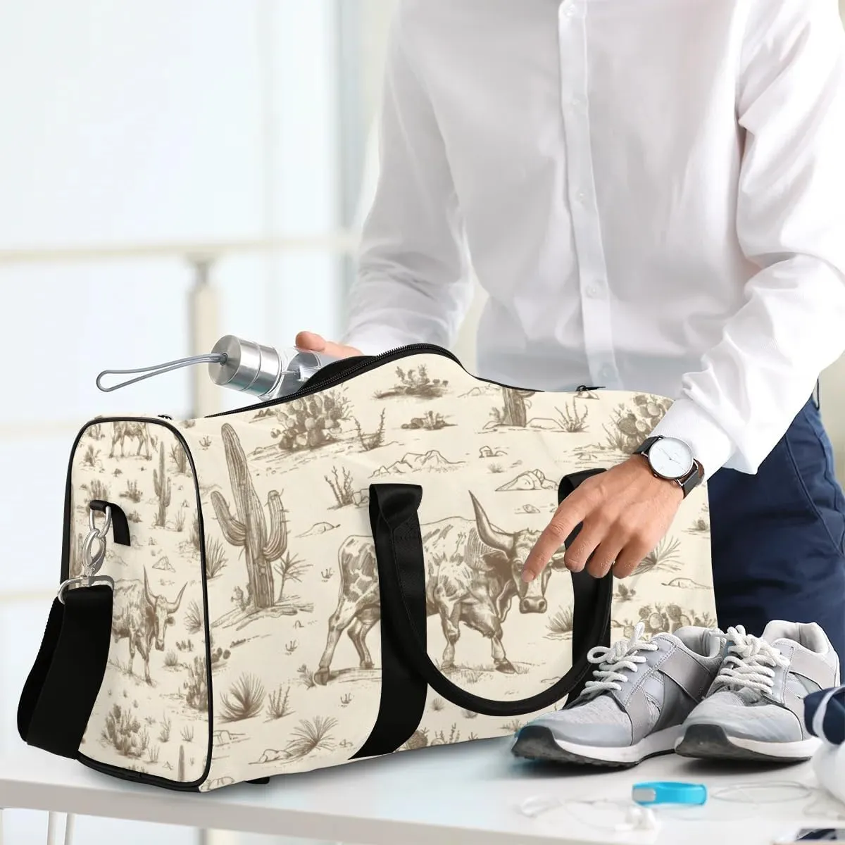 Travel Duffle Bag Cactus Cattle Gym Bags for Men Women Travel Duffel Bags with Adjustable Shoulder Strap Carry On Weekender Bag