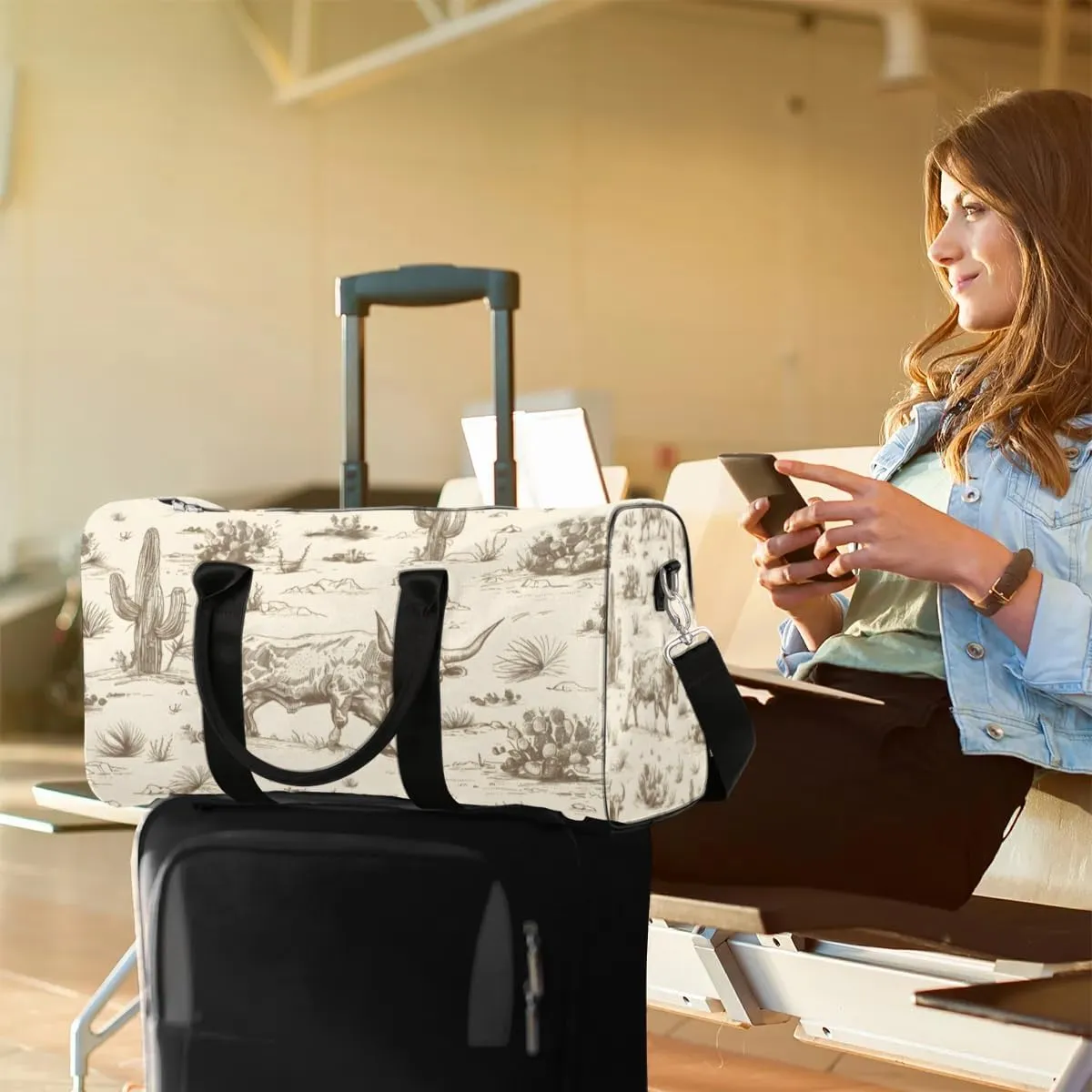 Travel Duffle Bag Cactus Cattle Gym Bags for Men Women Travel Duffel Bags with Adjustable Shoulder Strap Carry On Weekender Bag