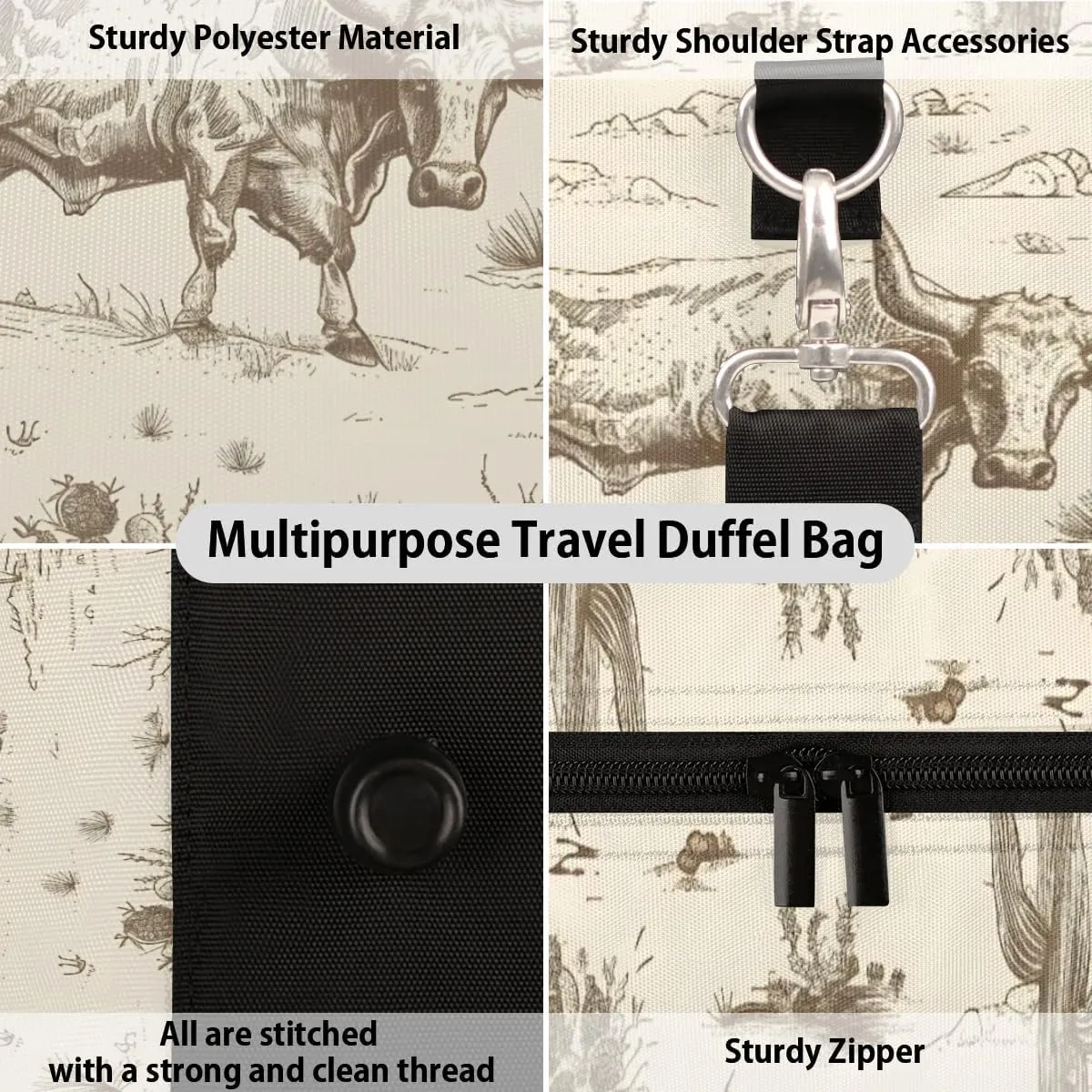 Travel Duffle Bag Cactus Cattle Gym Bags for Men Women Travel Duffel Bags with Adjustable Shoulder Strap Carry On Weekender Bag