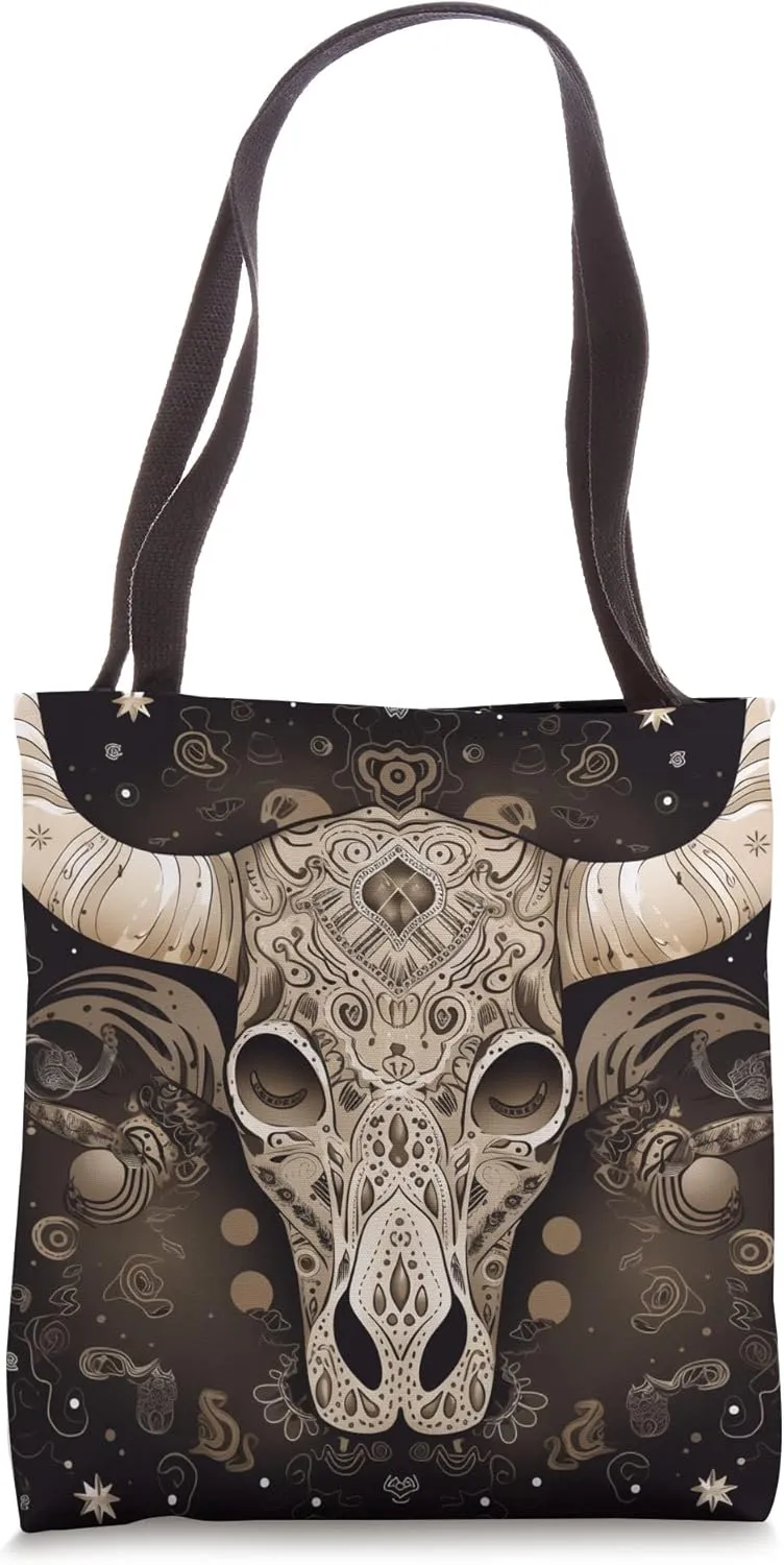 Tribal Cow Aesthetic Bohemian Skull Cow Tote Bag