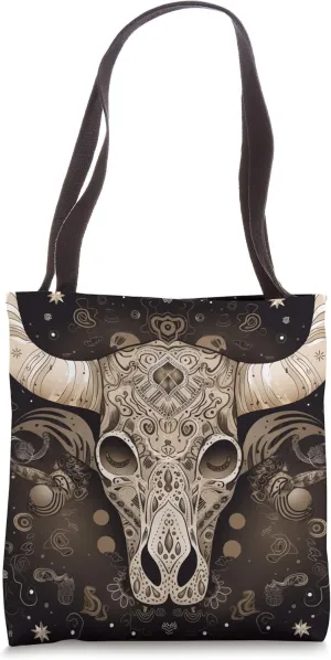 Tribal Cow Aesthetic Bohemian Skull Cow Tote Bag