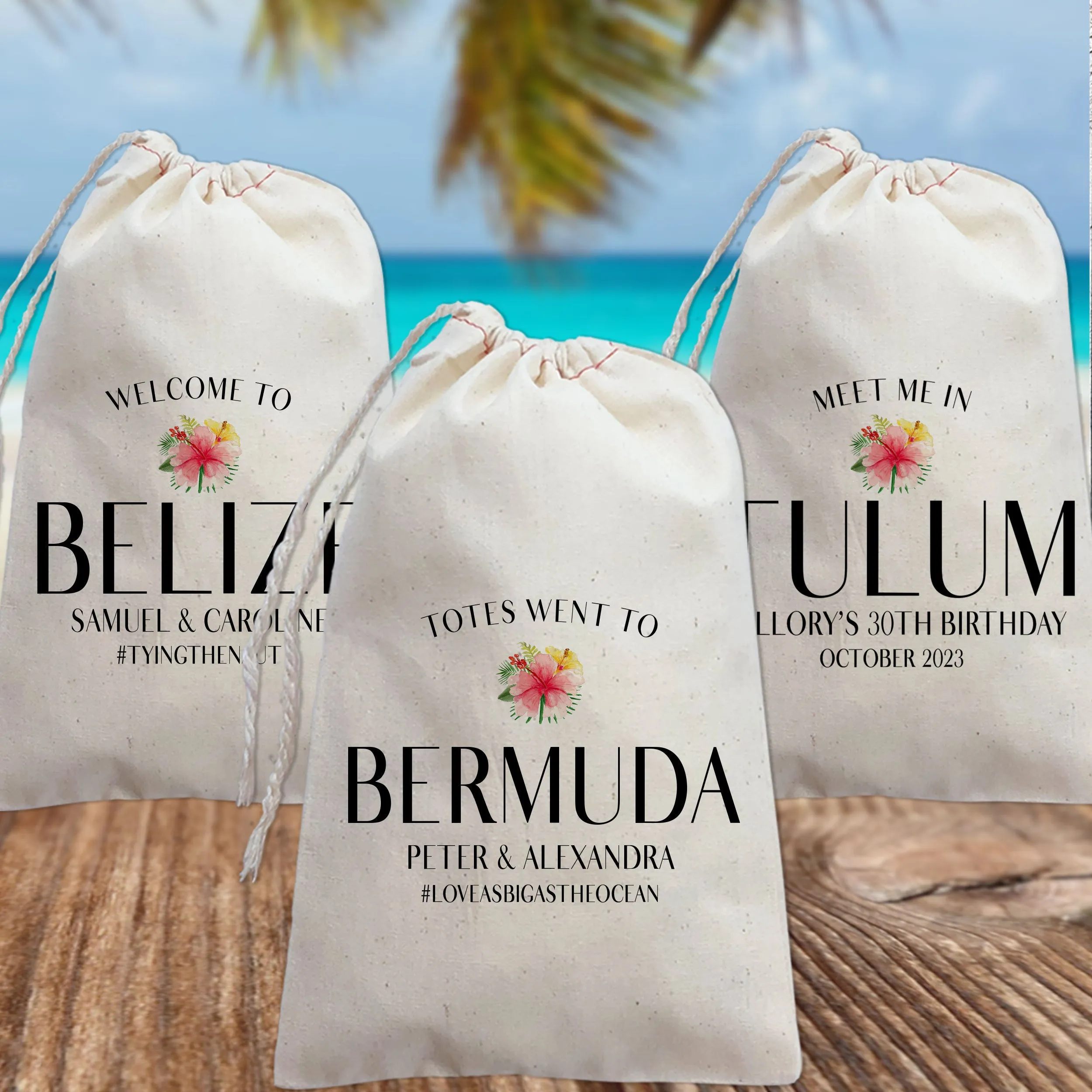 Tropical Wedding Welcome Bags, Beach Wedding Guest Hotel Welcome Totes, Birthday Trip, Custom Gift Bags