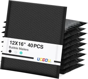 UCGOU Bubble Mailers 12x16 Inch 40 Pack Usable Size 12x15 Inch Large Padded Envelopes Black Waterproof Packaging Bags for Shipping Self Seal Strong Adhesion Envelopes for Jewelry Makeup Supplies