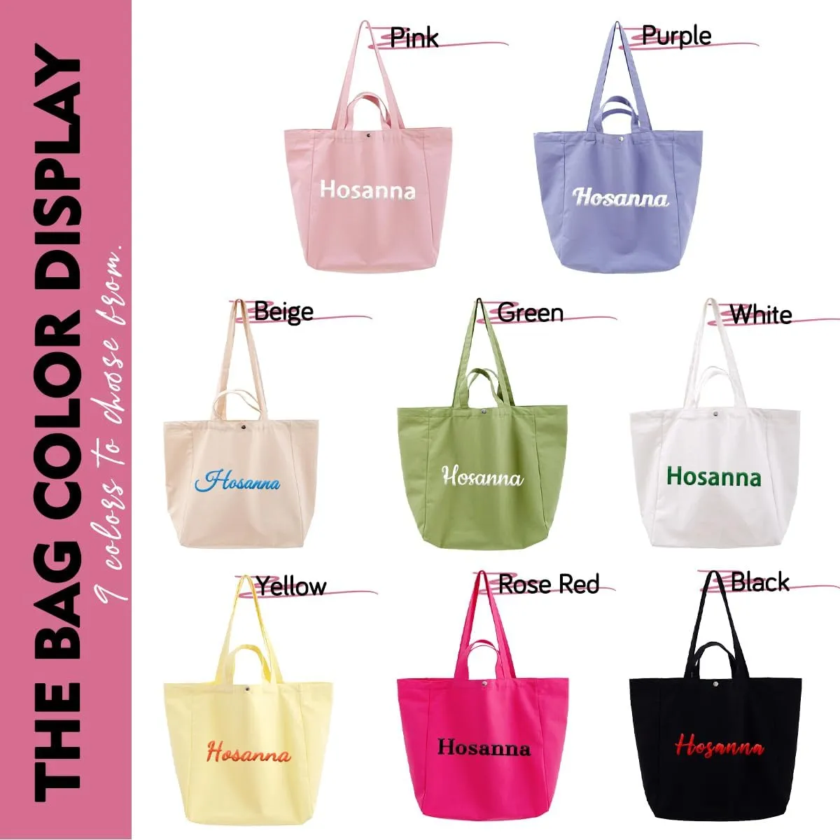Ulico Personalized Canvas Tote Bag With Embroidered Name,Custom Large Capacity Shoulder Bag, Women Girl Shopping Travel Bag