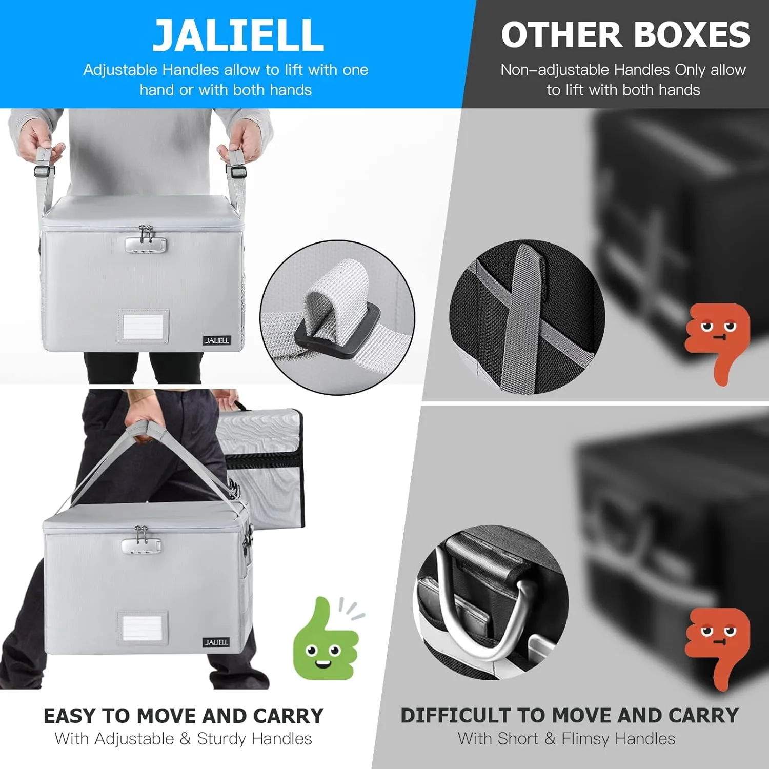 Upgraded File Box with Lock, Fireproof Document Box File Cabinet Organizer with Water-Resistant Zipper & Adjustable Handle, Collapsible Filing Cabinet for Hanging Letter/Legal Folder Grey