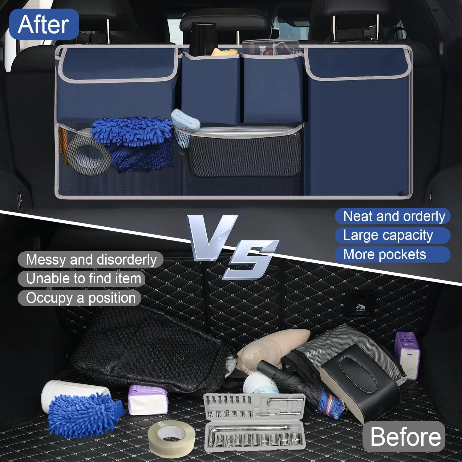UYYE Trunk Hanging Organizer, Backseat Storage Bag, Collapsible Car Interior Accessories with 4 Pockets & 2 Mesh Pouches for Tools, Provide More Storage Trunk Space for SUV, Jeep, MPVs (Drak Blue)