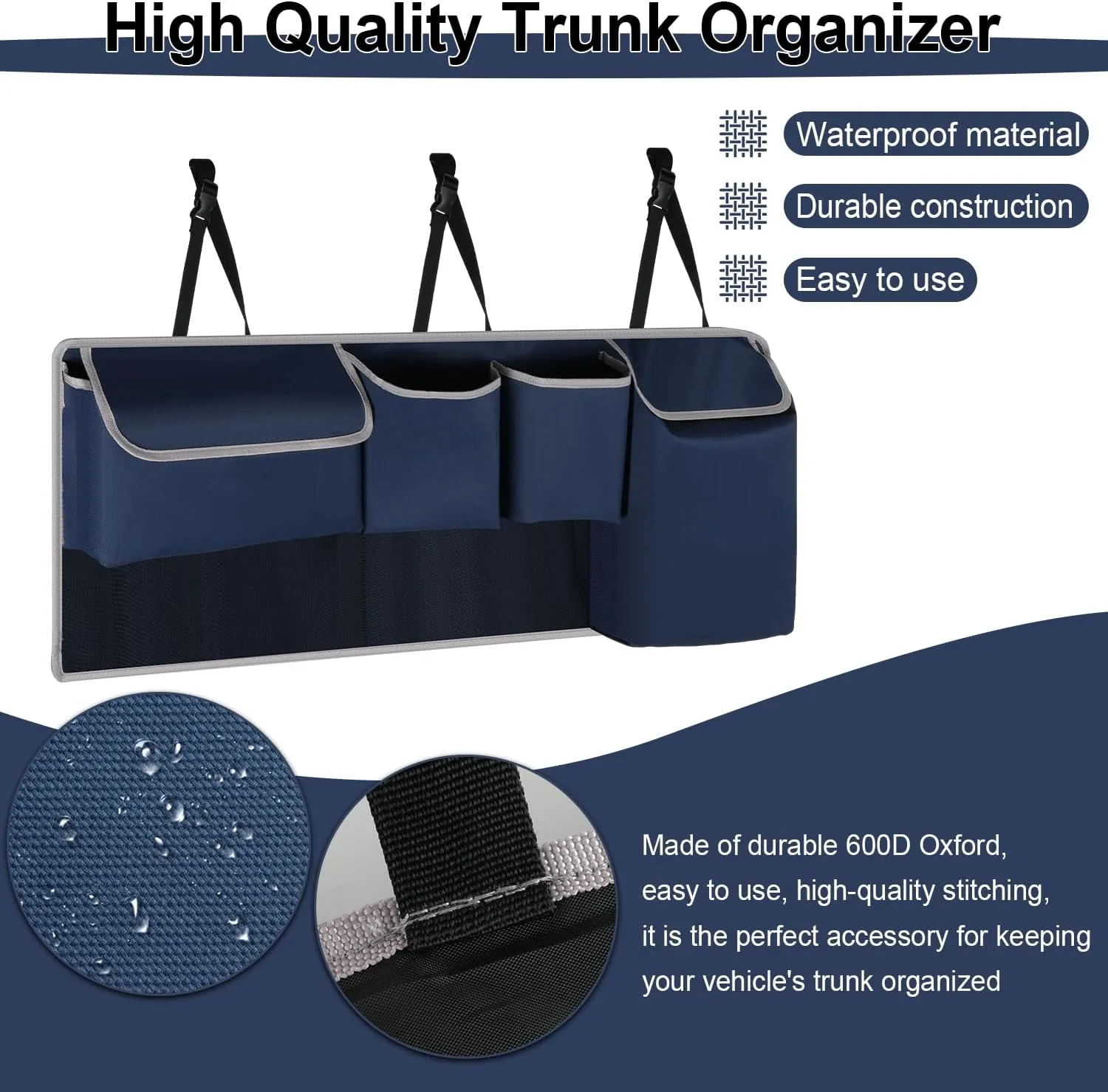 UYYE Trunk Hanging Organizer, Backseat Storage Bag, Collapsible Car Interior Accessories with 4 Pockets & 2 Mesh Pouches for Tools, Provide More Storage Trunk Space for SUV, Jeep, MPVs (Drak Blue)