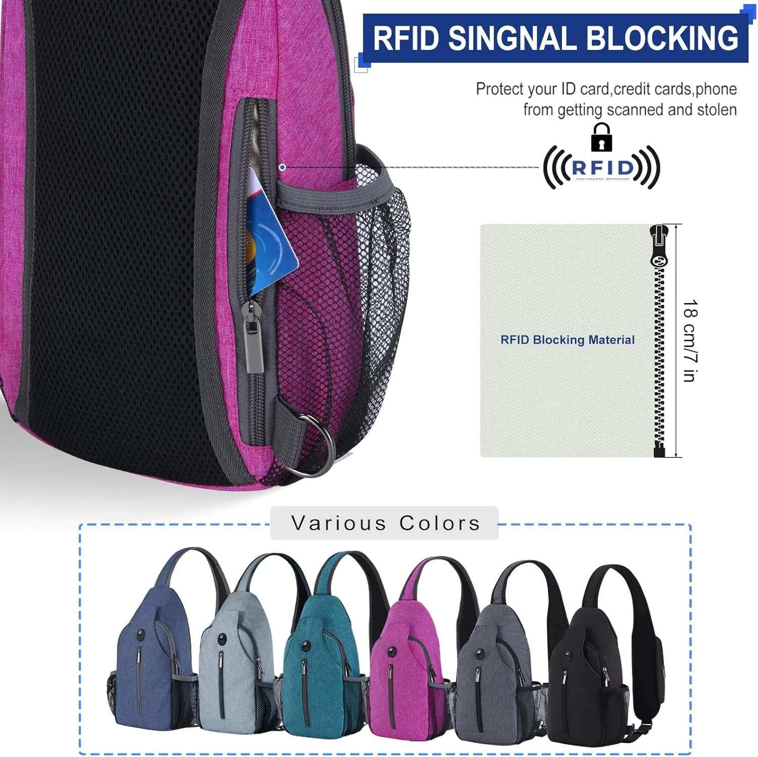 VADOO Sling Backpack with RFID Blocking and Phone Holder on Strap for Men Women Crossbody Chest Bag for Travel Hiking