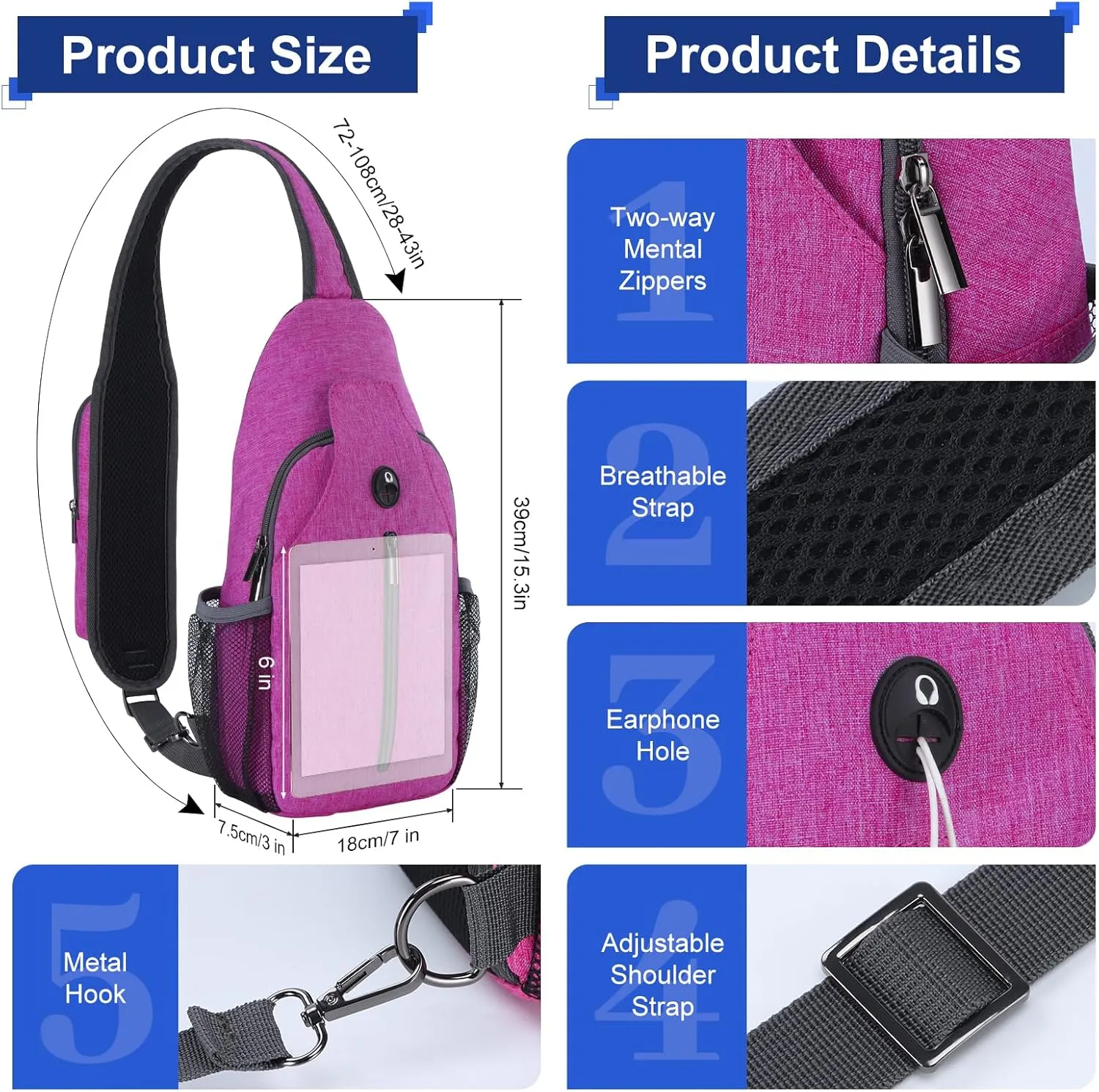 VADOO Sling Backpack with RFID Blocking and Phone Holder on Strap for Men Women Crossbody Chest Bag for Travel Hiking