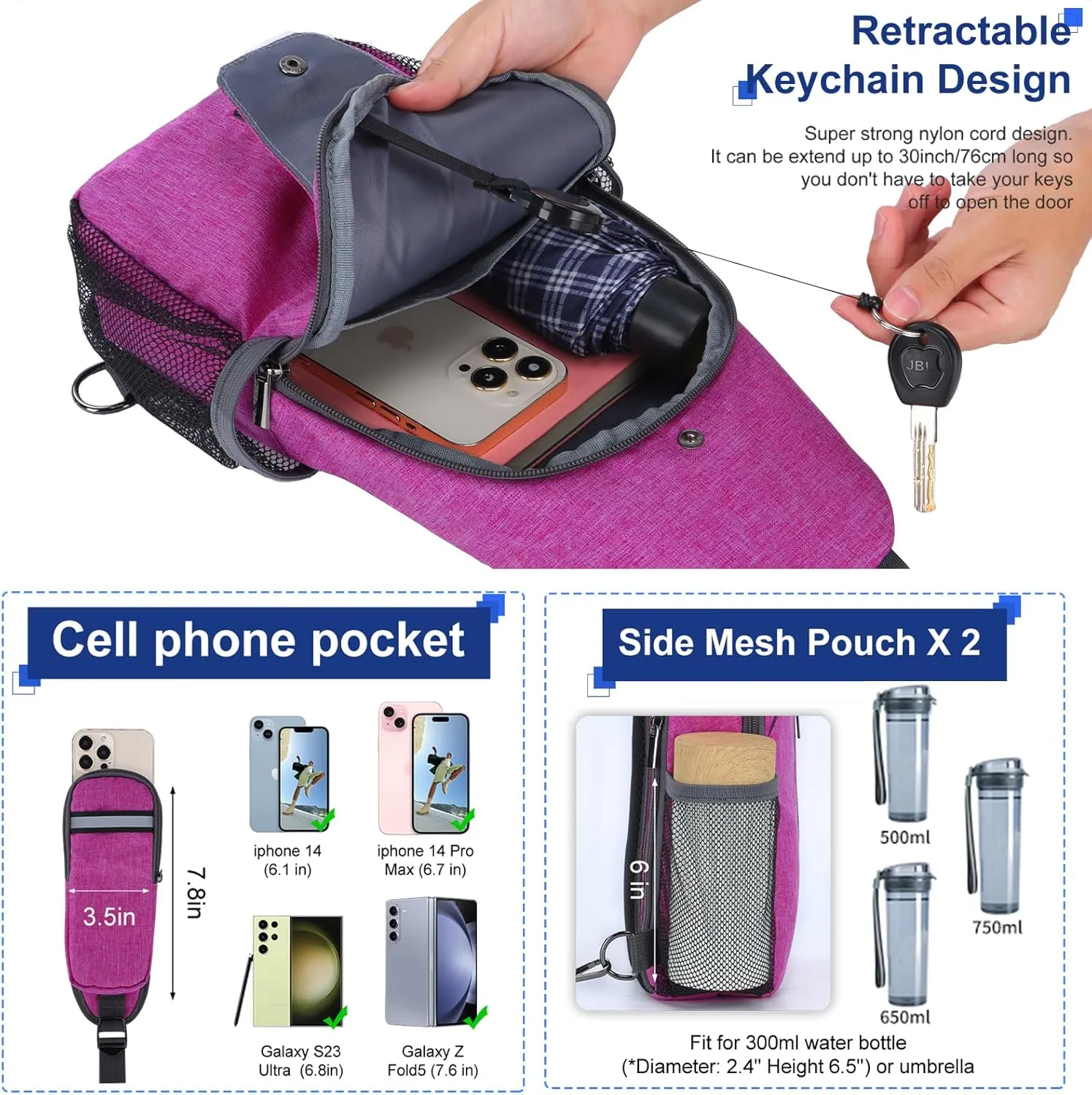 VADOO Sling Backpack with RFID Blocking and Phone Holder on Strap for Men Women Crossbody Chest Bag for Travel Hiking