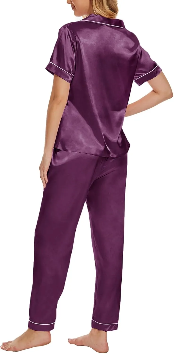 VENTELAN Womens Silk Satin Pajama Sets Short Sleeve Button Down Top and Long Pants 2 Piece Pjs Set Soft Sleepwear