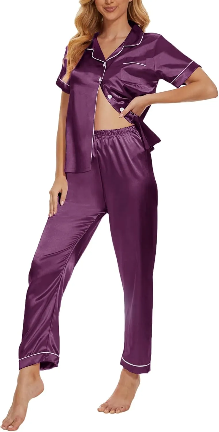 VENTELAN Womens Silk Satin Pajama Sets Short Sleeve Button Down Top and Long Pants 2 Piece Pjs Set Soft Sleepwear