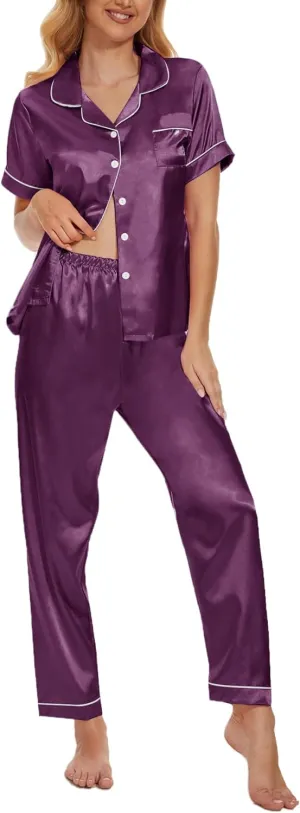 VENTELAN Womens Silk Satin Pajama Sets Short Sleeve Button Down Top and Long Pants 2 Piece Pjs Set Soft Sleepwear