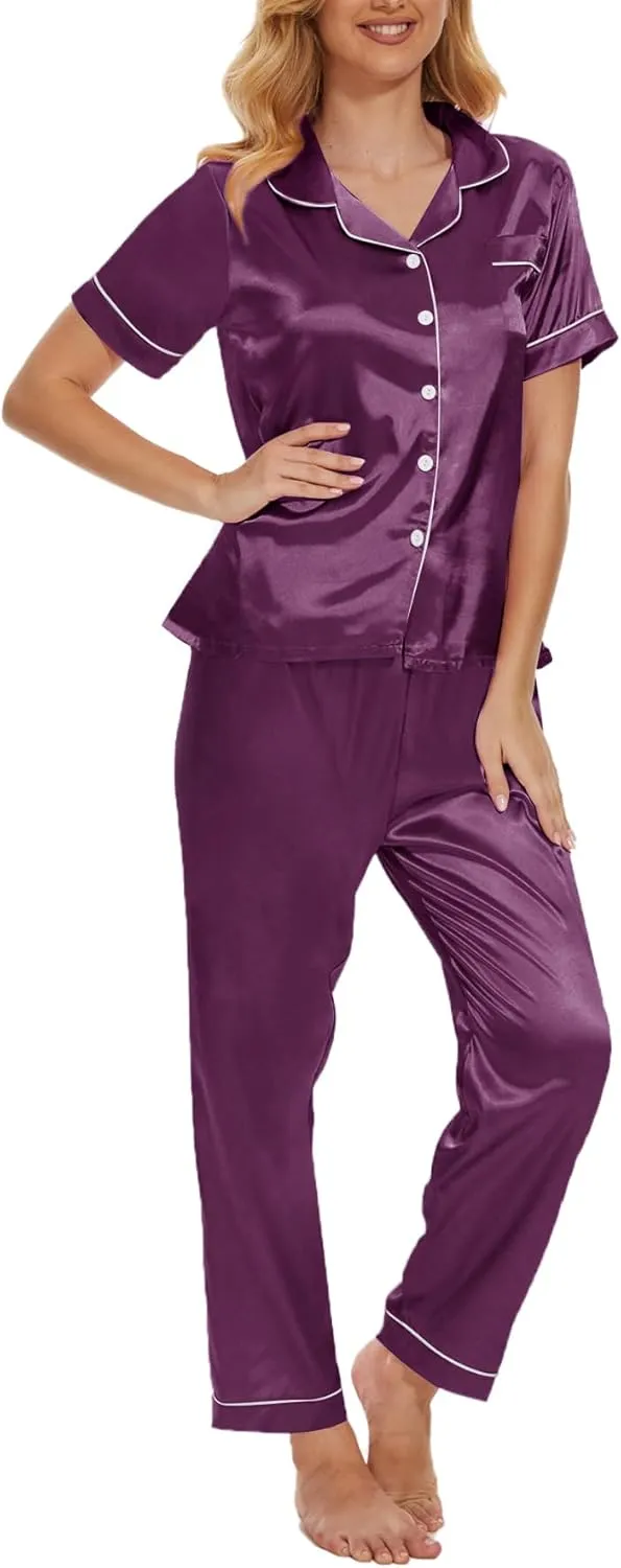 VENTELAN Womens Silk Satin Pajama Sets Short Sleeve Button Down Top and Long Pants 2 Piece Pjs Set Soft Sleepwear