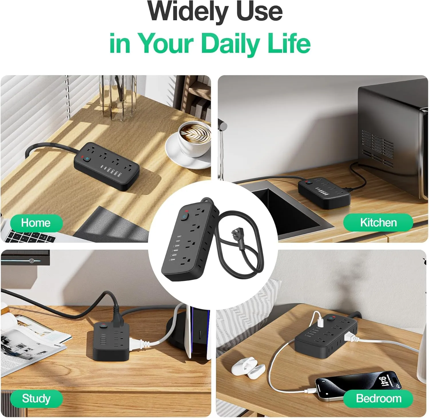 Versatile 14-in-1 Power Outlet with 8 AC Outlets and 6 USB Ports (4A and 2C) - Short Cord, Ideal for Travel, 1080J Surge Protection, Wall Mount, Desktop Charging (Black, 5FT)