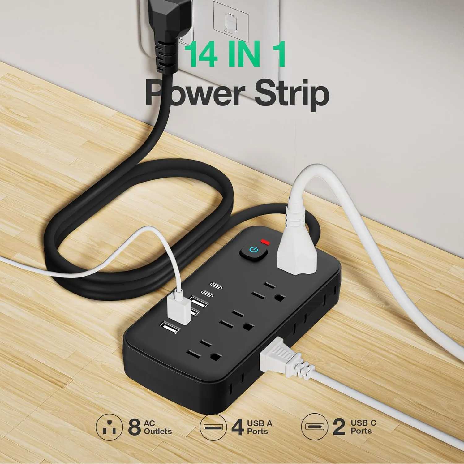 Versatile 14-in-1 Power Outlet with 8 AC Outlets and 6 USB Ports (4A and 2C) - Short Cord, Ideal for Travel, 1080J Surge Protection, Wall Mount, Desktop Charging (Black, 5FT)