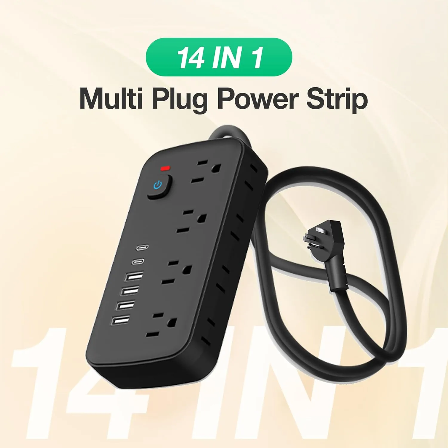 Versatile 14-in-1 Power Outlet with 8 AC Outlets and 6 USB Ports (4A and 2C) - Short Cord, Ideal for Travel, 1080J Surge Protection, Wall Mount, Desktop Charging (Black, 5FT)