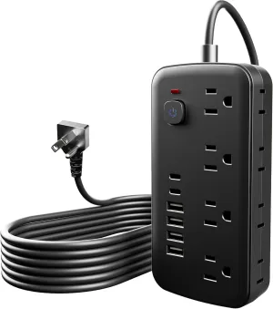 Versatile 14-in-1 Power Outlet with 8 AC Outlets and 6 USB Ports (4A and 2C) - Short Cord, Ideal for Travel, 1080J Surge Protection, Wall Mount, Desktop Charging (Black, 5FT)