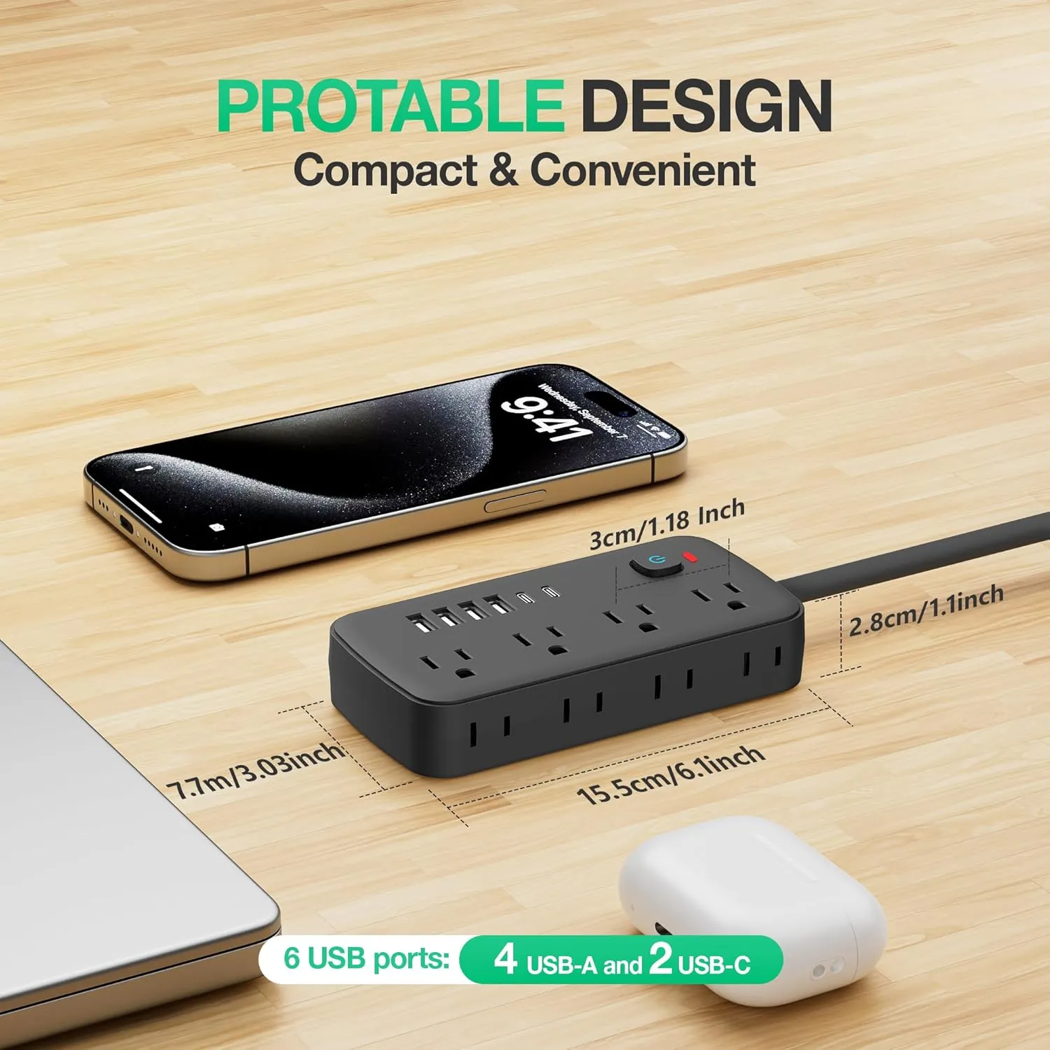 Versatile 14-in-1 Power Outlet with 8 AC Outlets and 6 USB Ports (4A and 2C) - Short Cord, Ideal for Travel, 1080J Surge Protection, Wall Mount, Desktop Charging (Black, 5FT)