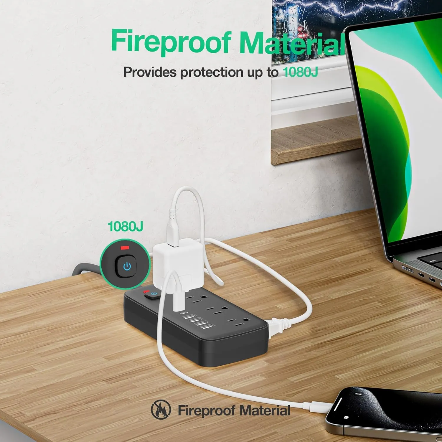 Versatile 14-in-1 Power Outlet with 8 AC Outlets and 6 USB Ports (4A and 2C) - Short Cord, Ideal for Travel, 1080J Surge Protection, Wall Mount, Desktop Charging (Black, 5FT)