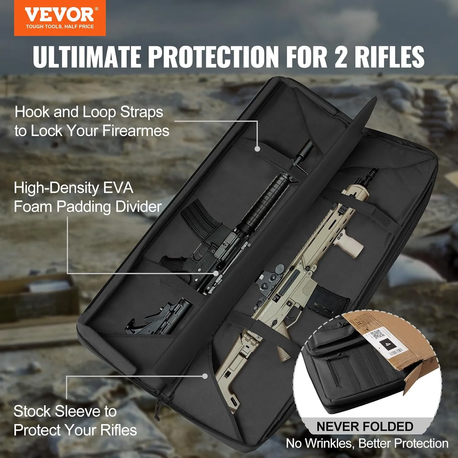 VEVOR Rifle Bag, Tactical Double Long Gun Bag, Soft Rifle Case with Lockable Zipper, Portable Handle & Shoulder Strap, 3 Large Storage Pockets Rifle Case for Two 40" Rifles & 2 Pistols