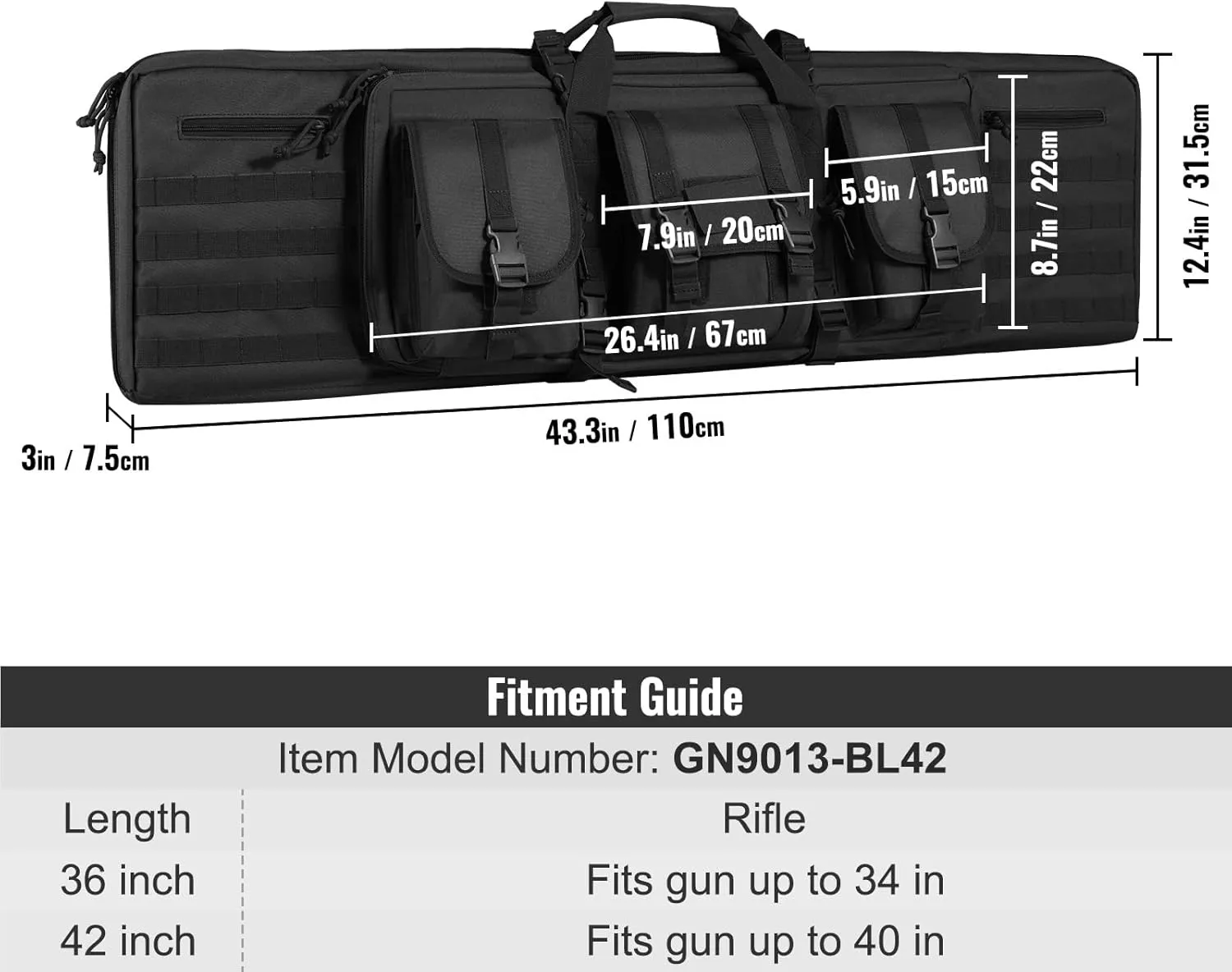 VEVOR Rifle Bag, Tactical Double Long Gun Bag, Soft Rifle Case with Lockable Zipper, Portable Handle & Shoulder Strap, 3 Large Storage Pockets Rifle Case for Two 40" Rifles & 2 Pistols