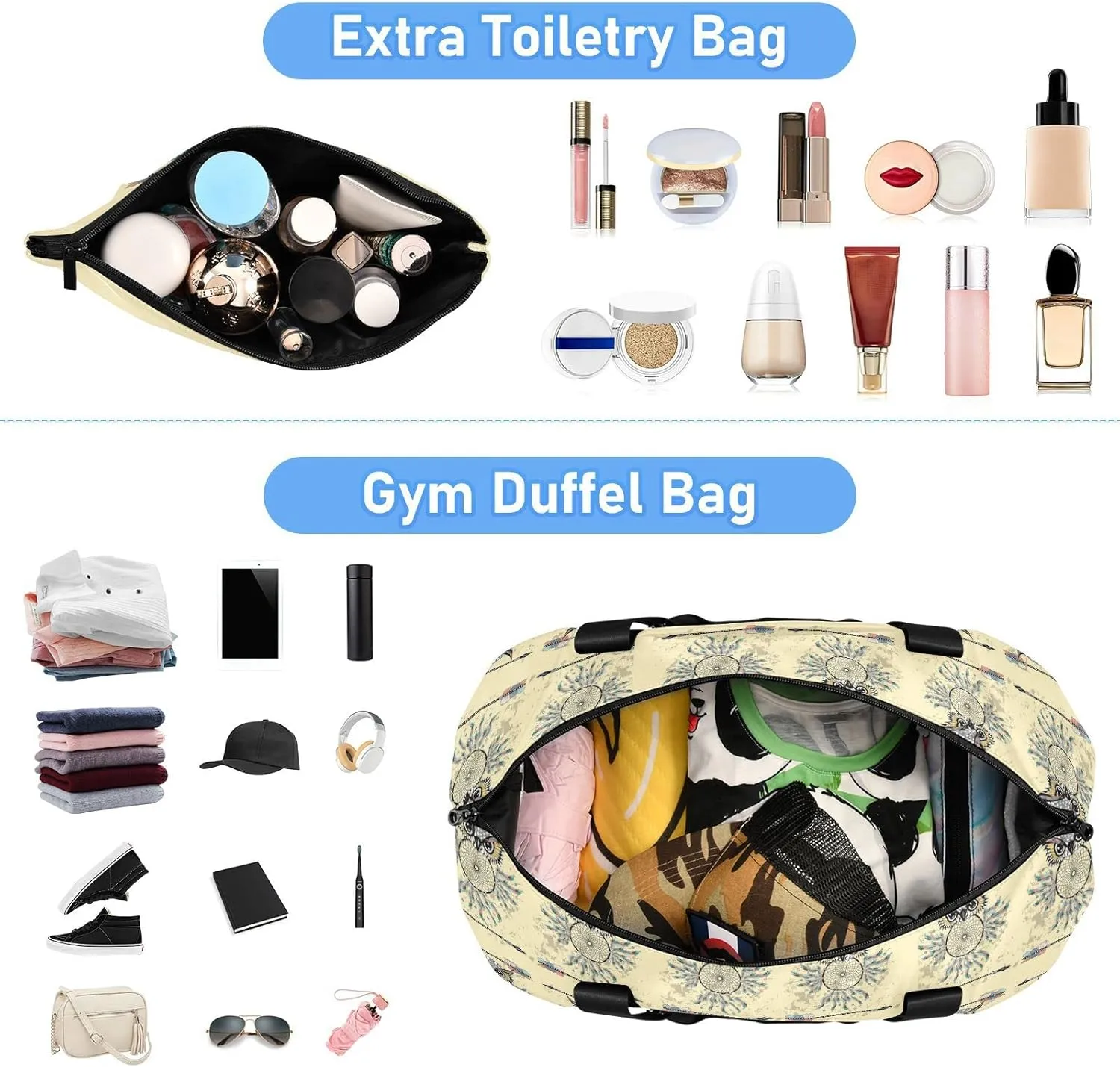 Vintage Beige Dream Catcher Owl Bohemian Style Bohemian Feathers Foldable Travel Bag, Camping Luggage bag, Portable Gym Bag, Sports Bag, Toiletry Bag with Handles Adjustable Shoulder Strap