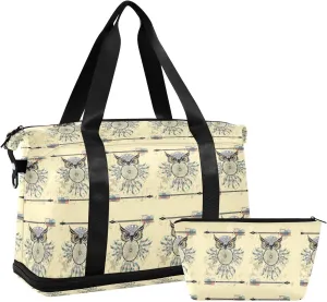 Vintage Beige Dream Catcher Owl Bohemian Style Bohemian Feathers Foldable Travel Bag, Camping Luggage bag, Portable Gym Bag, Sports Bag, Toiletry Bag with Handles Adjustable Shoulder Strap