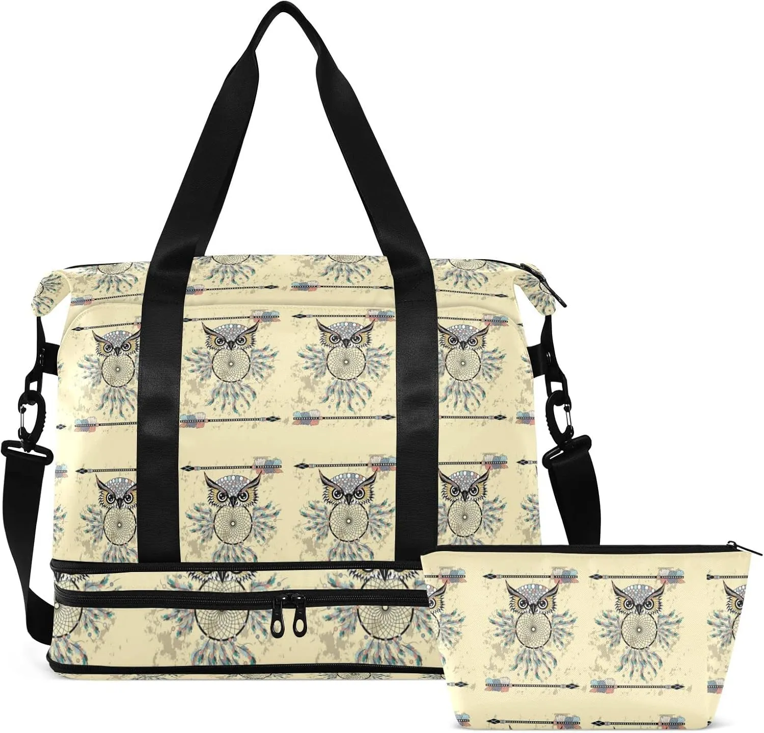 Vintage Beige Dream Catcher Owl Bohemian Style Bohemian Feathers Foldable Travel Bag, Camping Luggage bag, Portable Gym Bag, Sports Bag, Toiletry Bag with Handles Adjustable Shoulder Strap