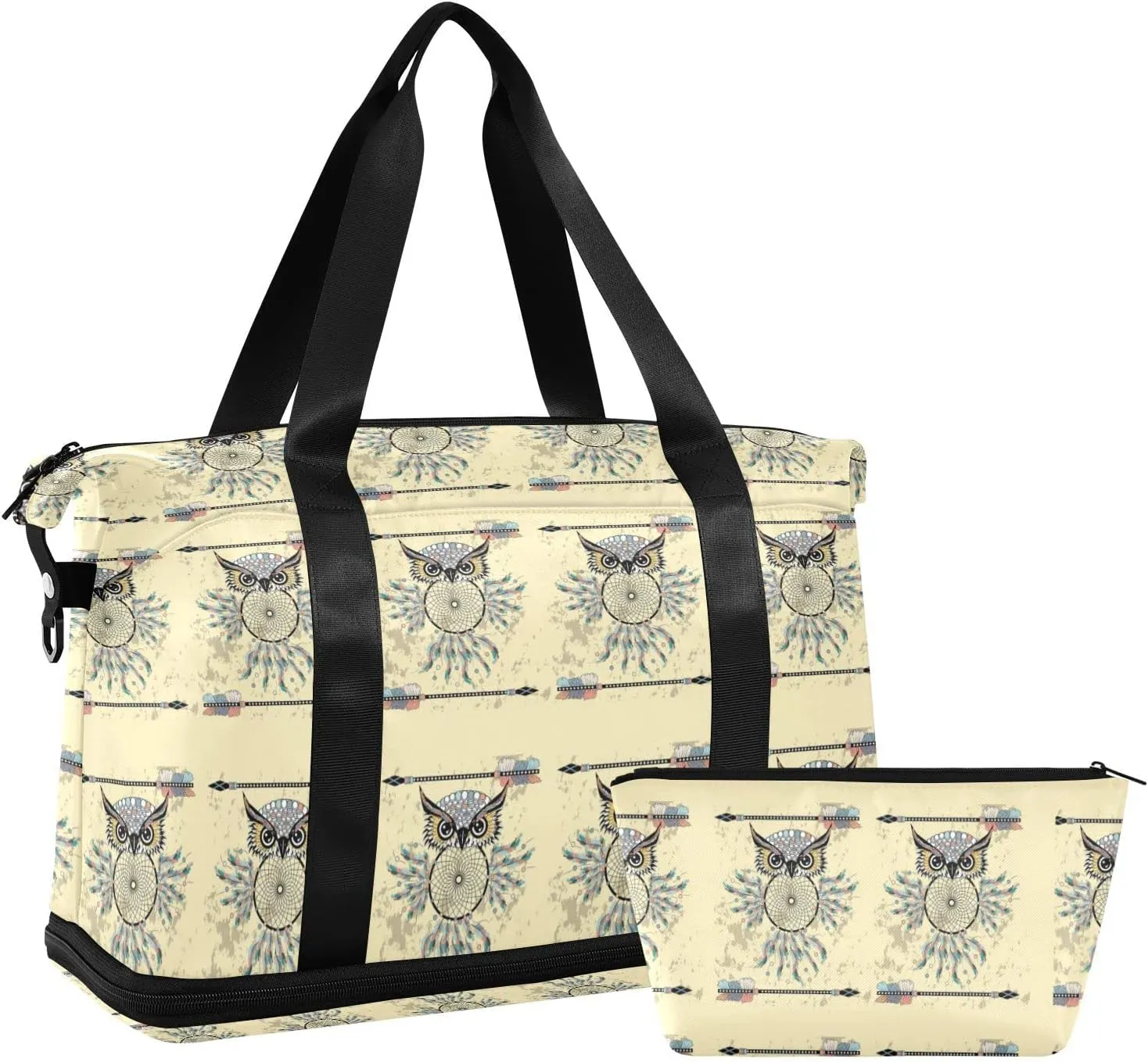 Vintage Beige Dream Catcher Owl Bohemian Style Bohemian Feathers Foldable Travel Bag, Camping Luggage bag, Portable Gym Bag, Sports Bag, Toiletry Bag with Handles Adjustable Shoulder Strap