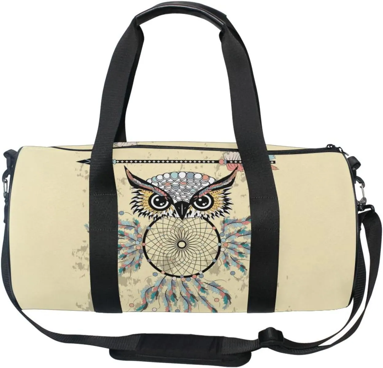 Vintage Beige Dream Catcher Owl Bohemian Style Bohemian Feathers Portable Gym Bag, Travel Bag, Luggage bag, Sports Bag, Toiletry Bag with Handles, Detachable Shoulder Strap 17.6 x 9 x 9 inch