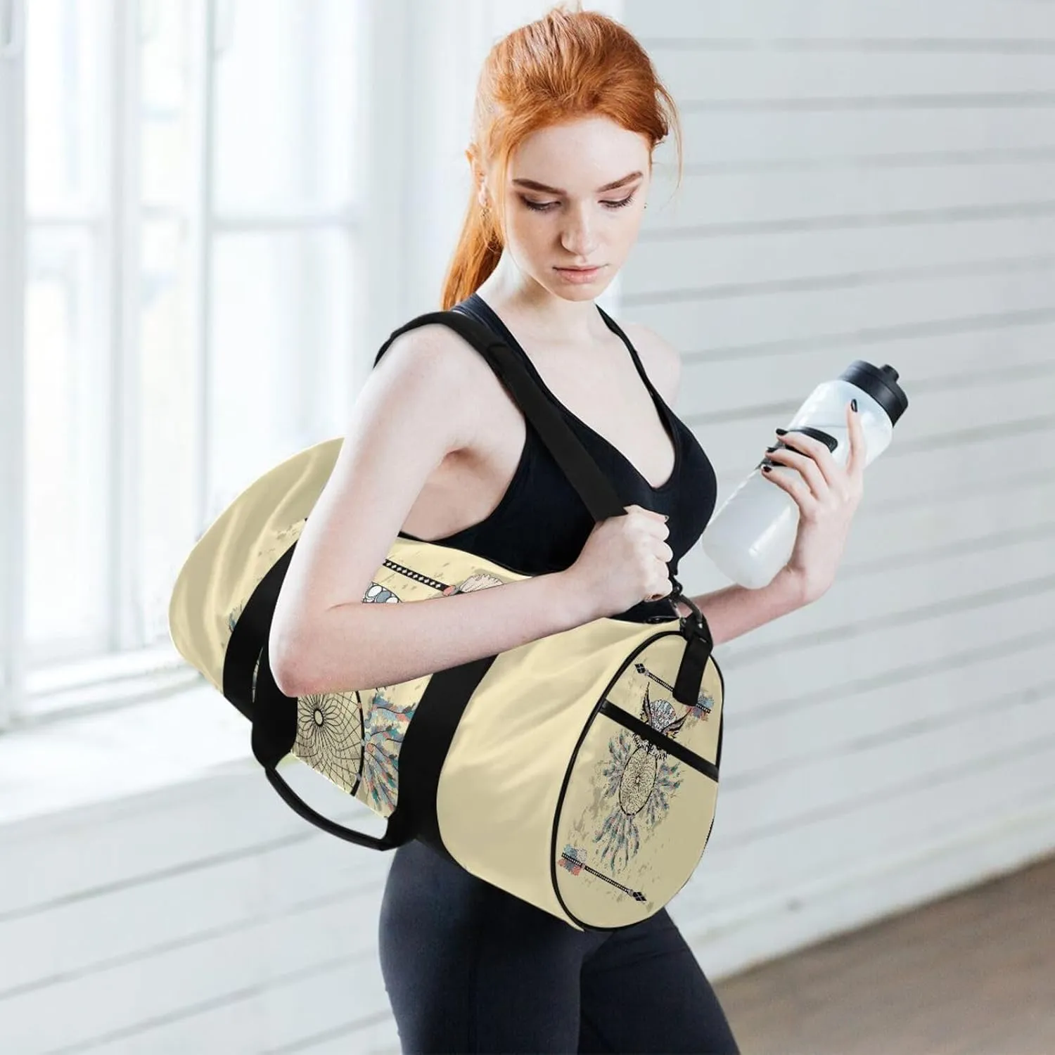 Vintage Beige Dream Catcher Owl Bohemian Style Bohemian Feathers Portable Gym Bag, Travel Bag, Luggage bag, Sports Bag, Toiletry Bag with Handles, Detachable Shoulder Strap 17.6 x 9 x 9 inch