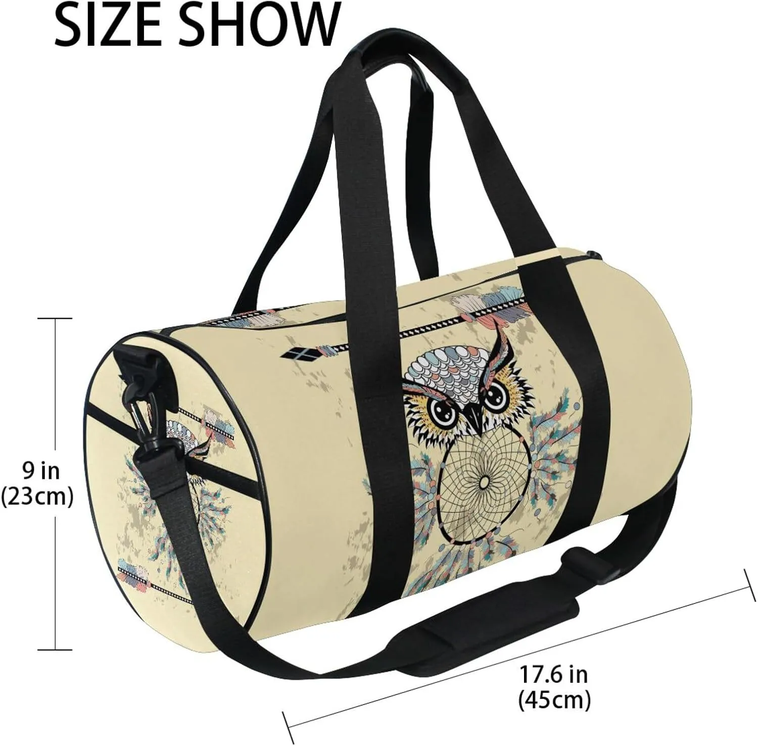 Vintage Beige Dream Catcher Owl Bohemian Style Bohemian Feathers Portable Gym Bag, Travel Bag, Luggage bag, Sports Bag, Toiletry Bag with Handles, Detachable Shoulder Strap 17.6 x 9 x 9 inch