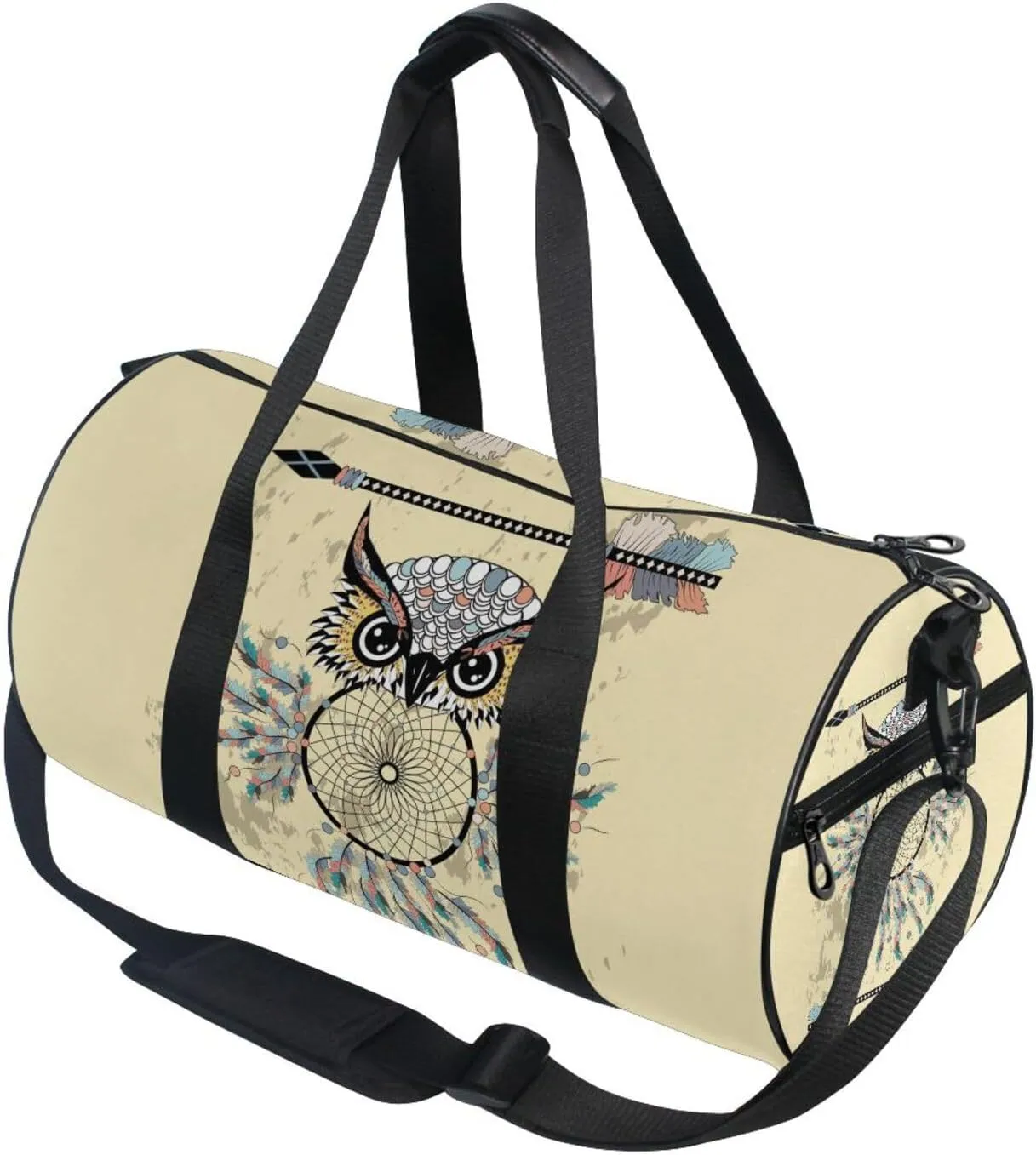 Vintage Beige Dream Catcher Owl Bohemian Style Bohemian Feathers Portable Gym Bag, Travel Bag, Luggage bag, Sports Bag, Toiletry Bag with Handles, Detachable Shoulder Strap 17.6 x 9 x 9 inch