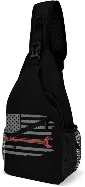 Vintage Mechanic U.S. Flag Casual Sling Bag Backpack Travel Shoulder Chest Crossbody Bags Adjustable Daypack Unisex