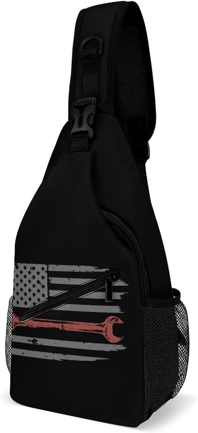 Vintage Mechanic U.S. Flag Casual Sling Bag Backpack Travel Shoulder Chest Crossbody Bags Adjustable Daypack Unisex