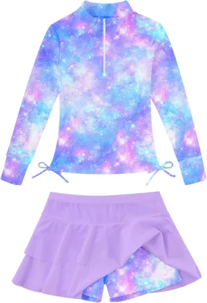 Vogseek 3-12T Girls Rash Guard 2 Pieces Bathing Suit Long Sleeve Swimsuit Swimming Skirt with Shorts Swimwear