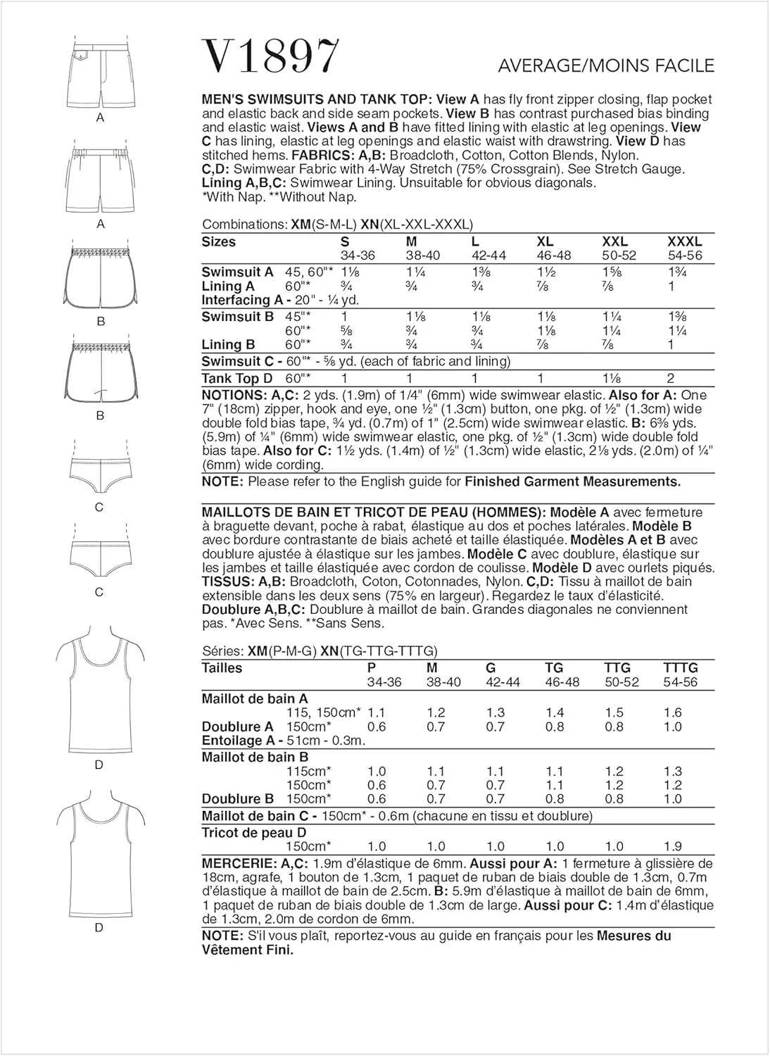 Vogue Men's Swimsuit and Tank Top Sewing Pattern Kit, Design Code V1897, Sizes S-M-L